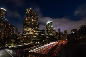 Time-lapse of nighttime traffic around a city core