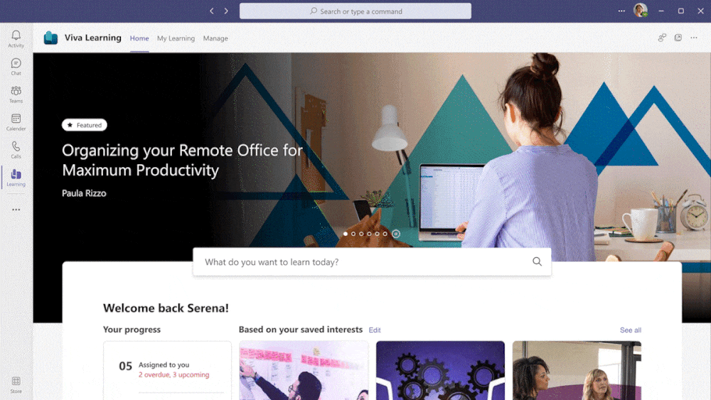 The personalized My Learning view in Viva Learning allows you to see content assigned from your connected Learning Management System, as well as browse content you’ve bookmarked, recently viewed, or completed. It also shows learning items other people in the organization have recommended to you.