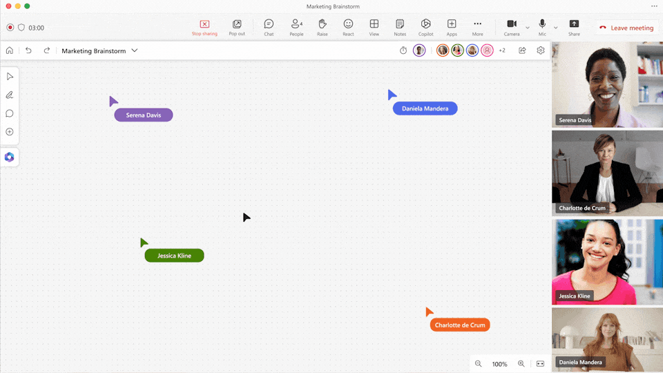 A GIF showing Copilot in Whiteboard’s ability to suggest ideas with a simple prompt written by the user, generate more ideas, and insert the ideas as sticky notes directly onto the whiteboard.
