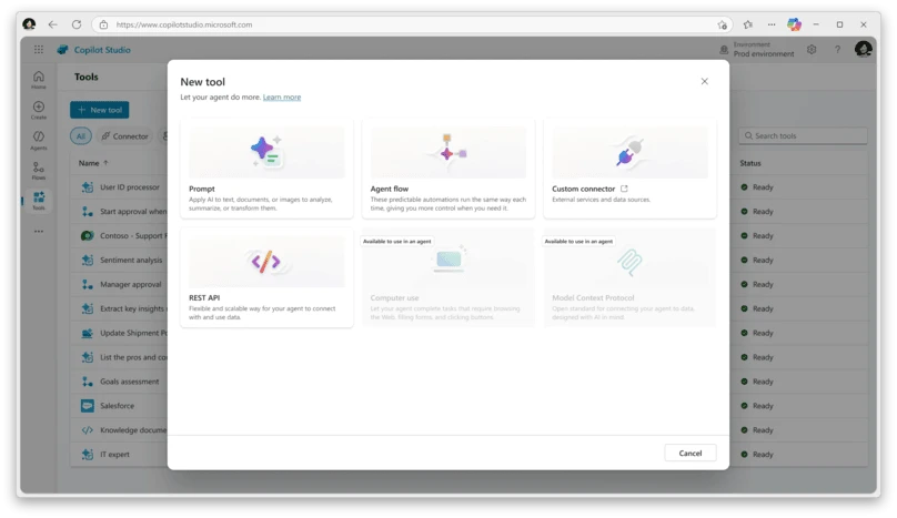 Screenshot of the Copilot Studio Tools tab