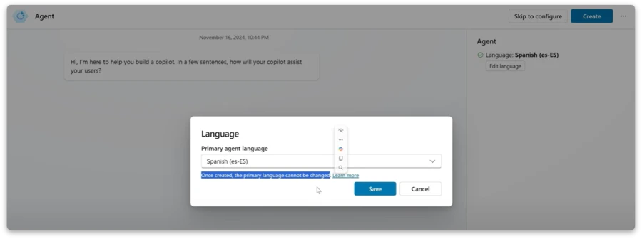 Screenshot of the agent creation page in Copilot Studio showing the user choosing Spanish as the primary agent language