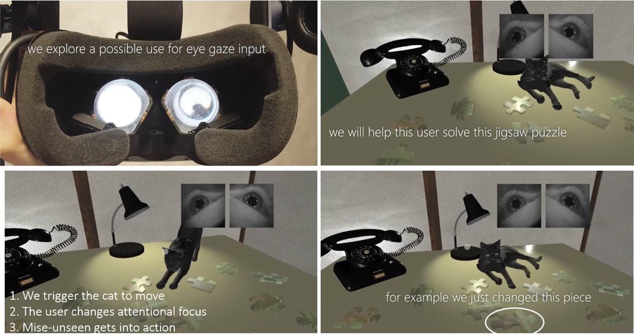 Mise-Unseen uses eye-tracking in VR headsets to hide changes that occur inside the user’s field of view by applying them when the user’s attention is diverted elsewhere. In this example, it unnoticeably changes the scene as the user is focusing on a movement from the cat, facing pieces together to help the user solve this puzzle.