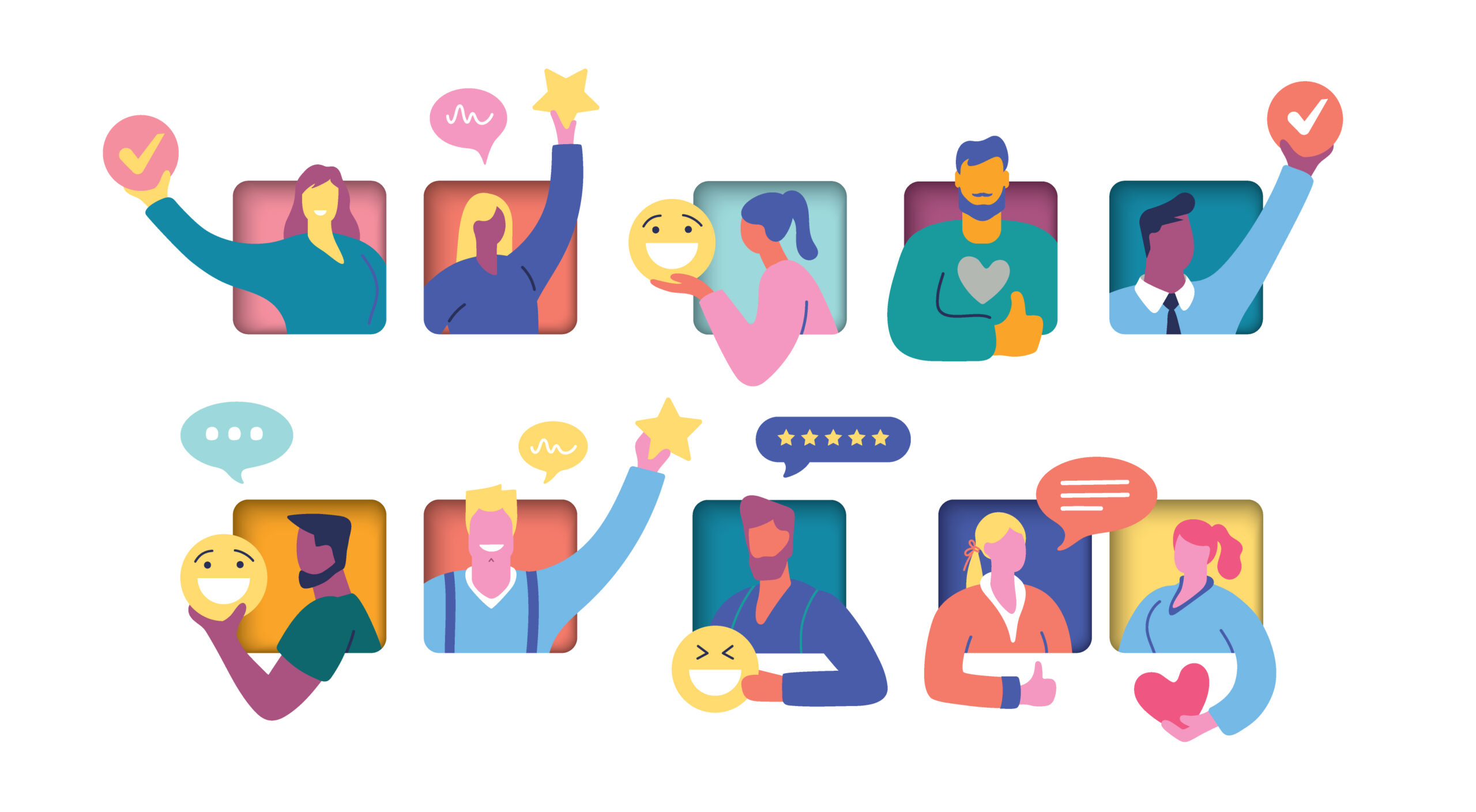 Graphic illustration of ten people coming out of ten windows with different emojis coming out next to them.