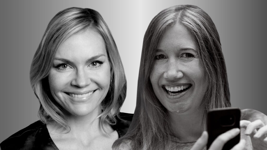 Two people side by side, Ginger Hudson on the left and Jaime Teevan on the right, in black and white smile and look forward. Teevan is holding a cell phone.