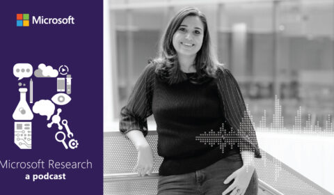 black and white photo of Ece Kamar, Partner Research Manager at Microsoft Research, next to the Microsoft Research Podcast