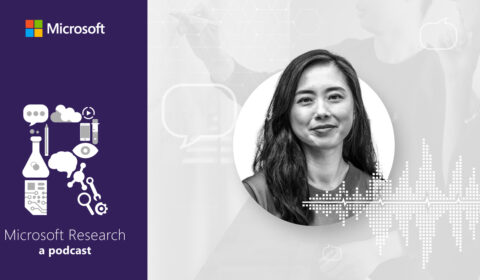 black and white photos of Haiyan Zhang, General Manager of Gaming AI at Microsoft Gaming, next to the Microsoft Research Podcast