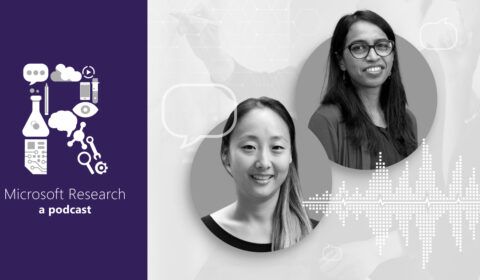 black and white photos of Principal Researcher Dr. Jina Suh and Principal Applied and Data Science Manager Dr. Shamsi Iqbal, next to the Microsoft Research Podcast
