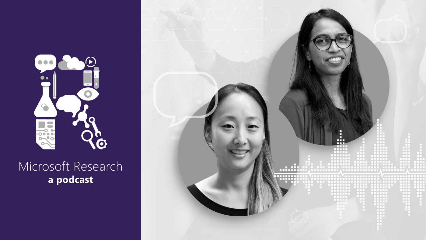 black and white photos of Principal Researcher Dr. Jina Suh and Principal Applied and Data Science Manager Dr. Shamsi Iqbal, next to the Microsoft Research Podcast