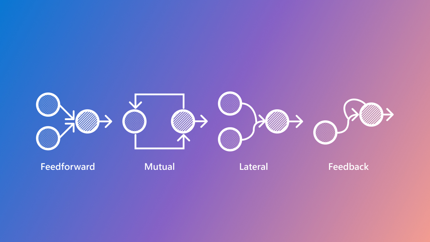 Diagram illustrating four common neural connectivity patterns in the biological neural networks: Feedforward, Mutual, Lateral, and Feedback. Each pattern consists of circles representing neurons and arrows representing synapses.