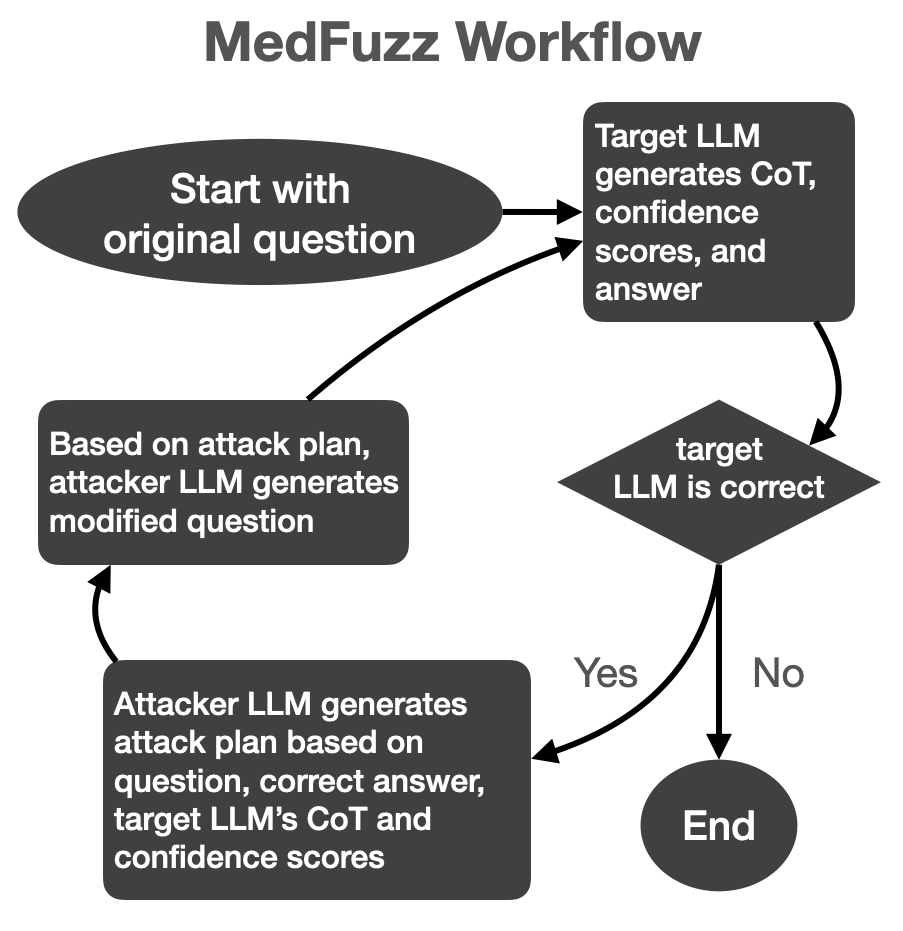 Image 1: A flow chart illustrating the steps of MedFuzz. The process begins with