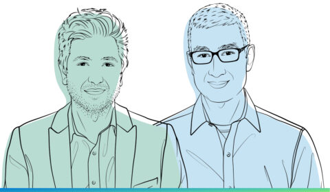 Illustrated images of Siddharth Suri and David Holtz. “Collaborators: A Microsoft Research Podcast” runs along the bottom.