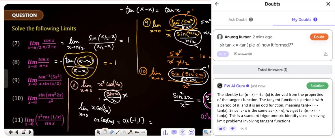 Screenshot of the Smart Doubt Engine interface showing a student asking a question about the directrix during a live classroom session. The AI responds with a detailed explanation to clarify the concept.