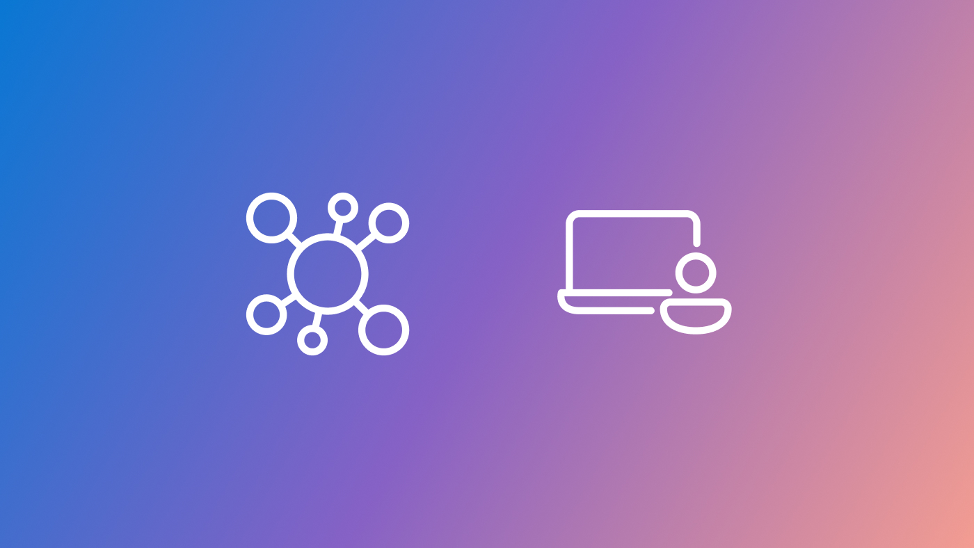 Gradient background transitioning from blue to pink with two white icons. The left icon depicts a network or molecule structure with interconnected nodes, and the right icon shows a laptop and the outline of a person.