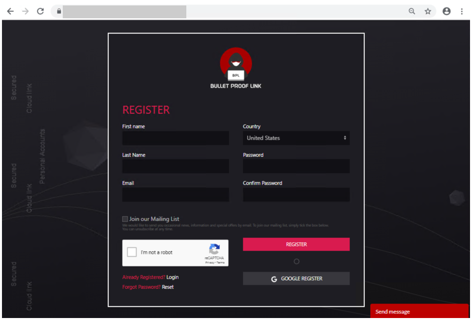 Screenshot of BulletProofLink registration page
