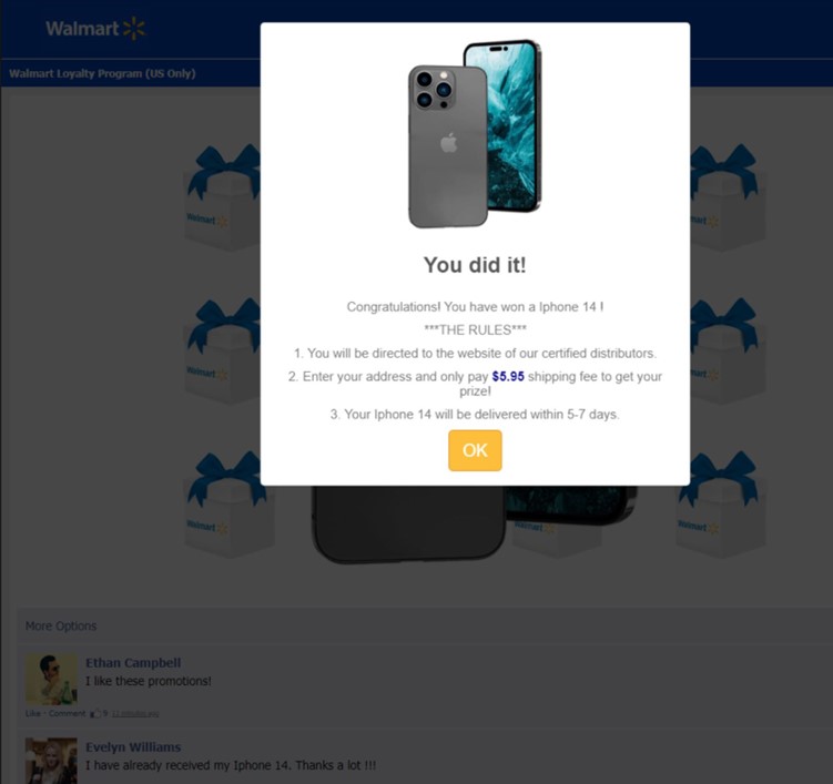 A screenshot of the webpage that is presented once the target answers the survey. The page contains the image of an iPhone, and states that the target has won an iPhone 14. The target is then instructed to enter their address and pay a certain amount for the shipping fee of their iPhone 14.