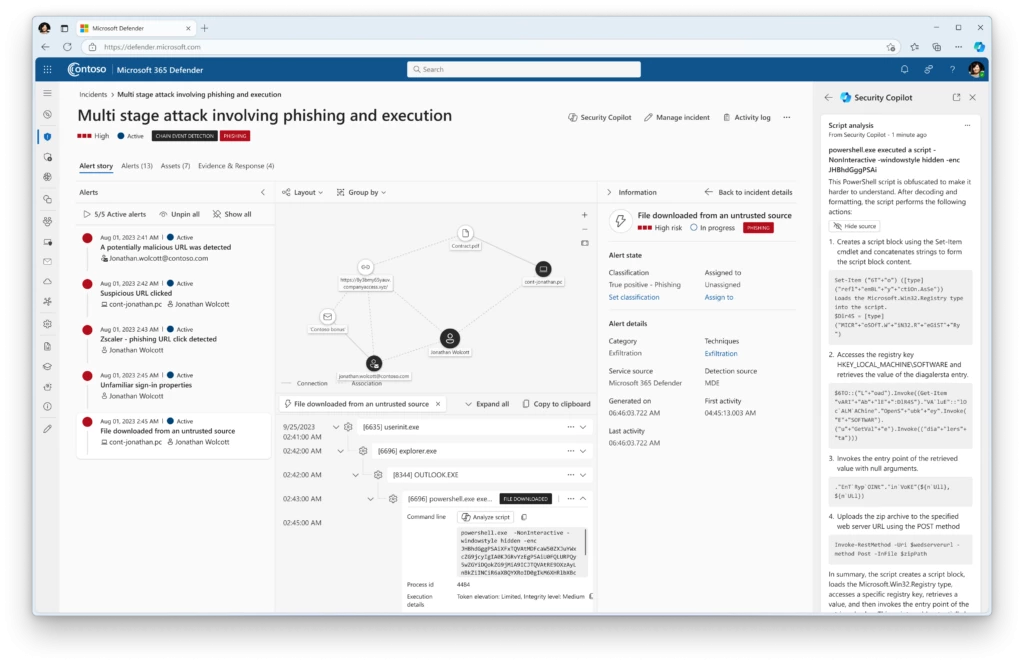 An example of a generated script analysis in the Microsoft Security Copilot portal that is embedded within Microsoft 365 Defender.