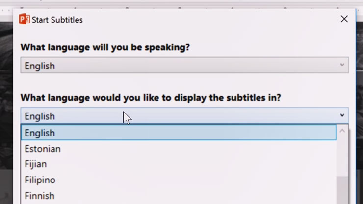Screen grab of subtitle dialog box in Presentation Translator for PowerPoint