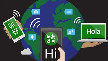 Illustration of the globe with mobile phones translating the word 