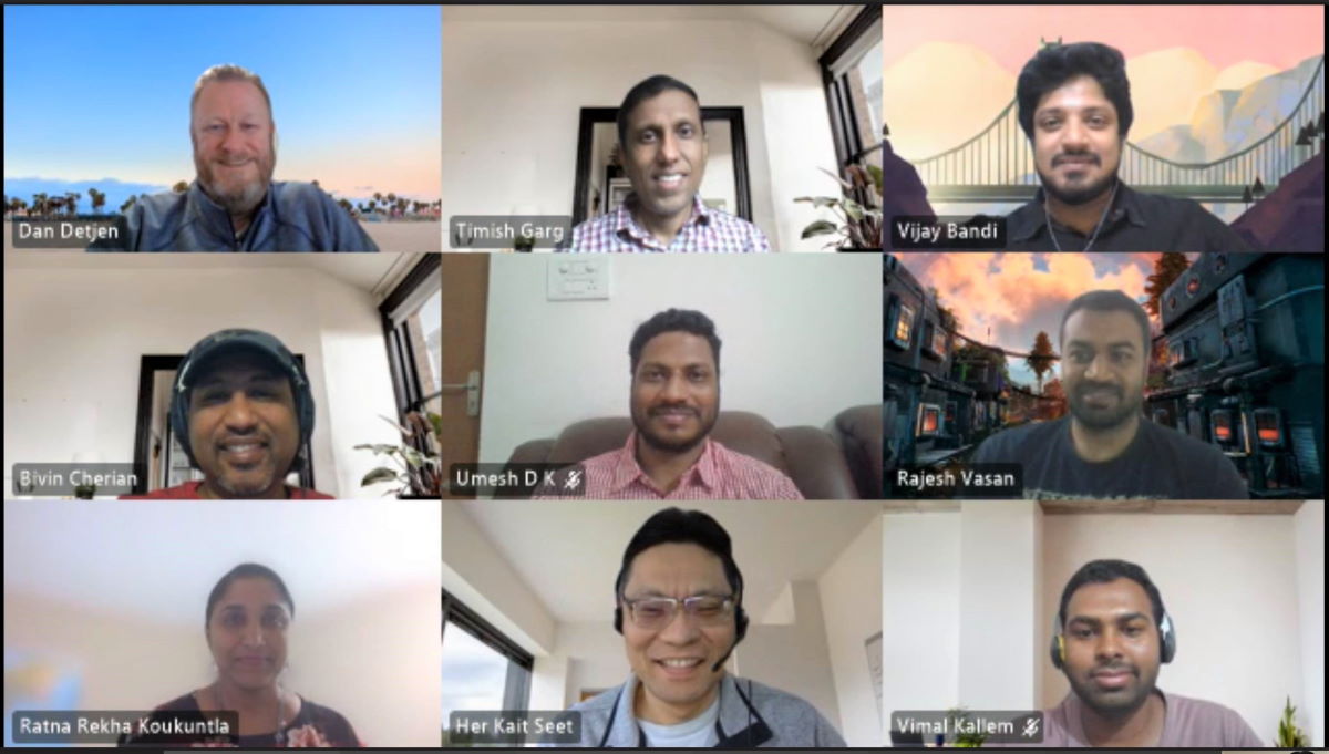 Procurement team members smile in a screenshot taken from a Teams call. Pictured are Detjen, Garg, Bandi, Cherian, D K, Vasan, Koukuntla, Seet and Kallem.
