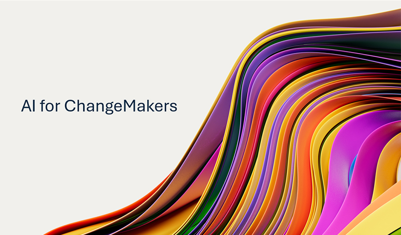 IA para ChangeMakers | com um fundo abstrato colorido de fitas onduladas em camadas em tons de arco-íris.